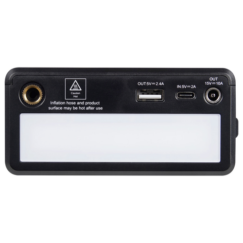 Gerät mit zwei USB-Ausgängen (5V/2,4A und 5V/2A) und einem 15V/10A-Ausgang. Hinweis: Oberfläche kann nach Gebrauch heiß sein.
